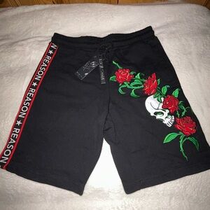 Reason Black and Red Athletic Skull Rose Shorts
